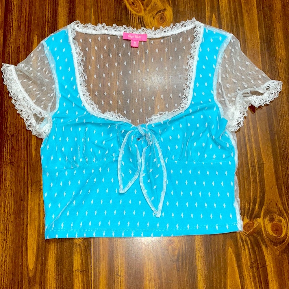 Sugar Thrillz Medium Baby Blue 🦋Crop Top with Lace Back Dolls Kill New w/o Tag